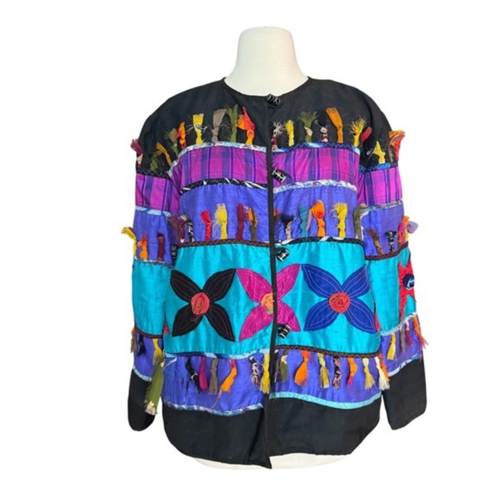 Vintage 90's Women's Large Allure Black Silk Jacket Art to Wear Colorful Floral